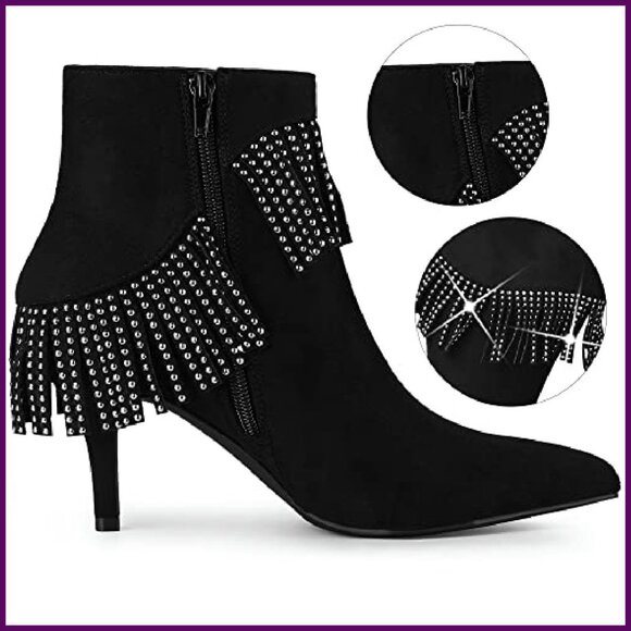 Fringe Rhinestone Stiletto Ankle Boots, Faux Suede, 3 1/7" Heel - Picture 3 of 8